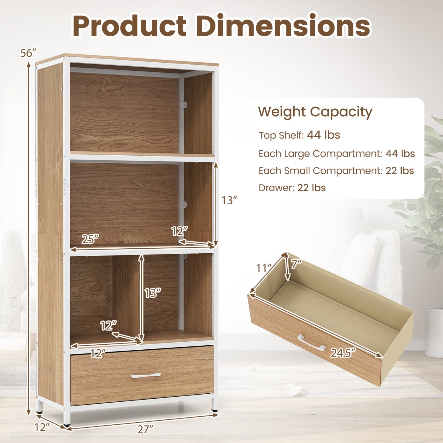 56" Tall Freestanding Bookcase with Drawer 5 Tier by DirectDeals