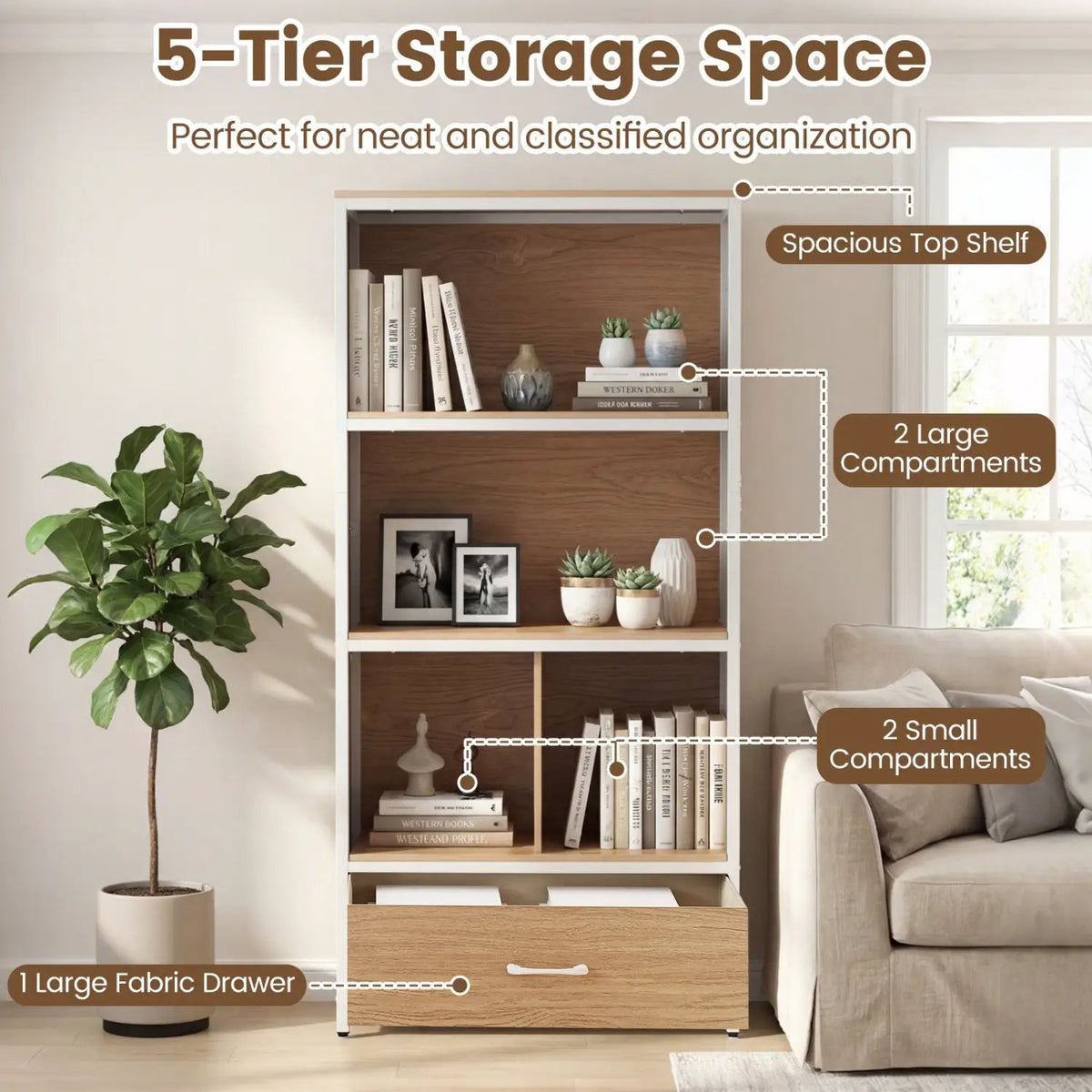 56" Tall Freestanding Bookcase with Drawer 5 Tier by DirectDeals