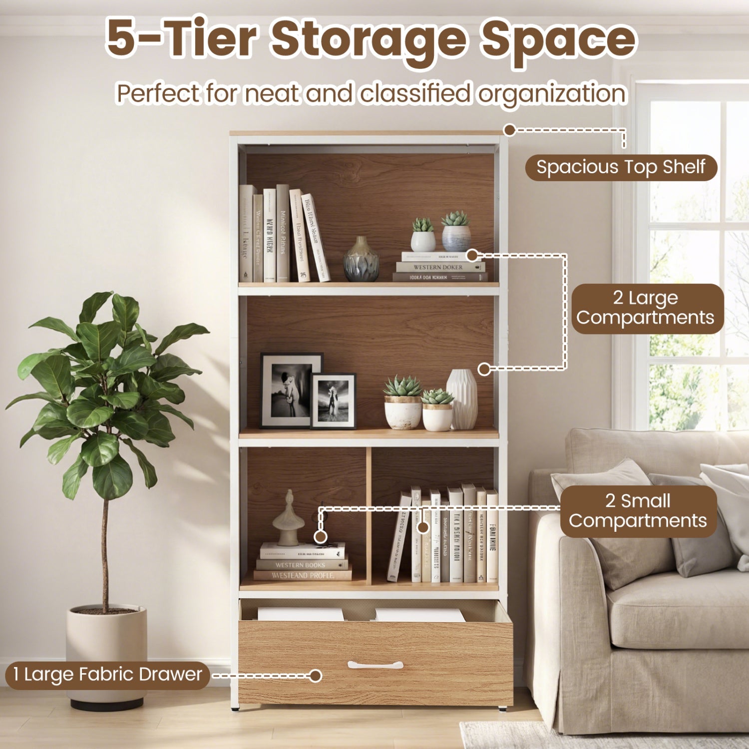 56" Tall Freestanding Bookcase with Drawer 5 Tier by DirectDeals