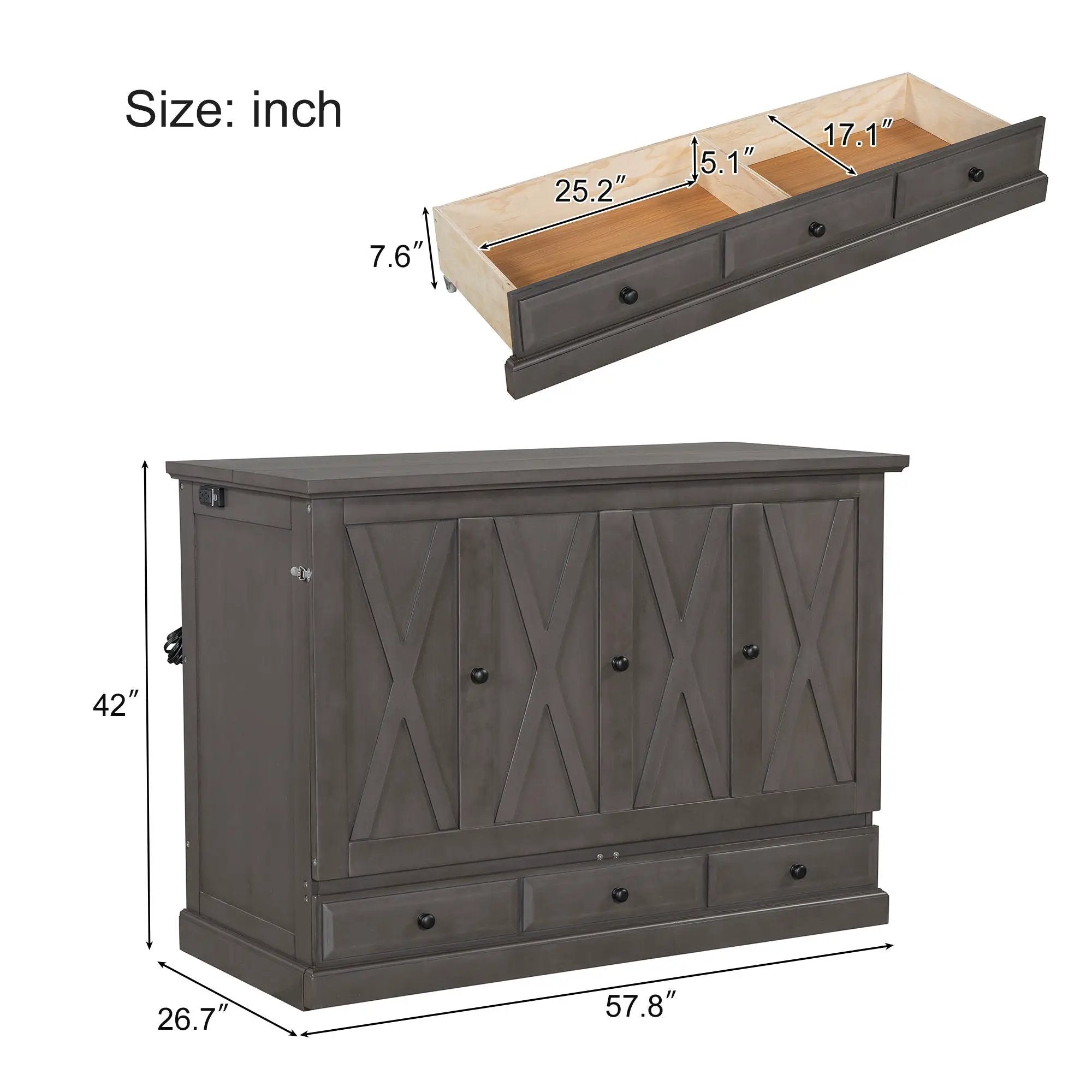 Solid Pine Murphy Bed Chest Cube Cabinet Bed With Charging Station And Large Storage Drawer For Home Office Or Small Room by HouseOfZazla