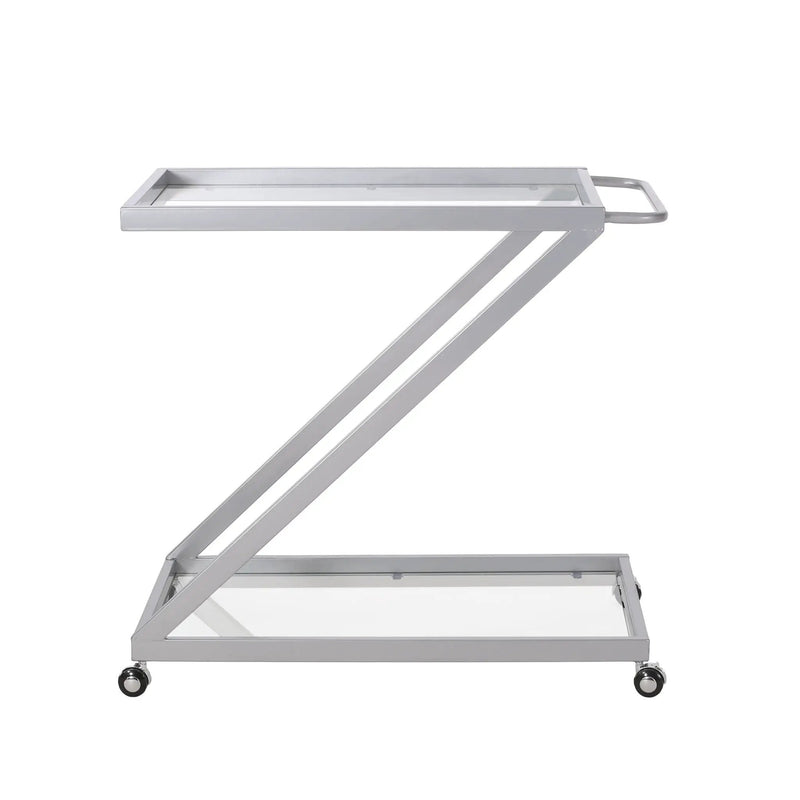 Modern Z Shaped Bar Cart With Tempered Glass Shelves - Silver by HouseOfZazla