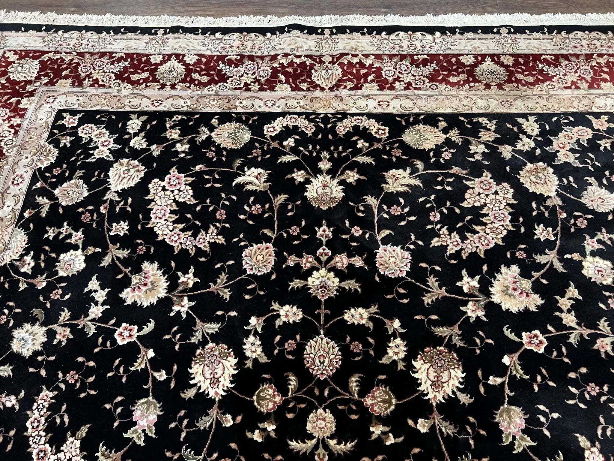 Sino Persian Rug 9x12, High Quality Oriental Carpet, Black and Maroon, Wool and Silk, Allover Floral Pattern, Hand Knotted, Vintage Rug Nice by Jewel Rugs