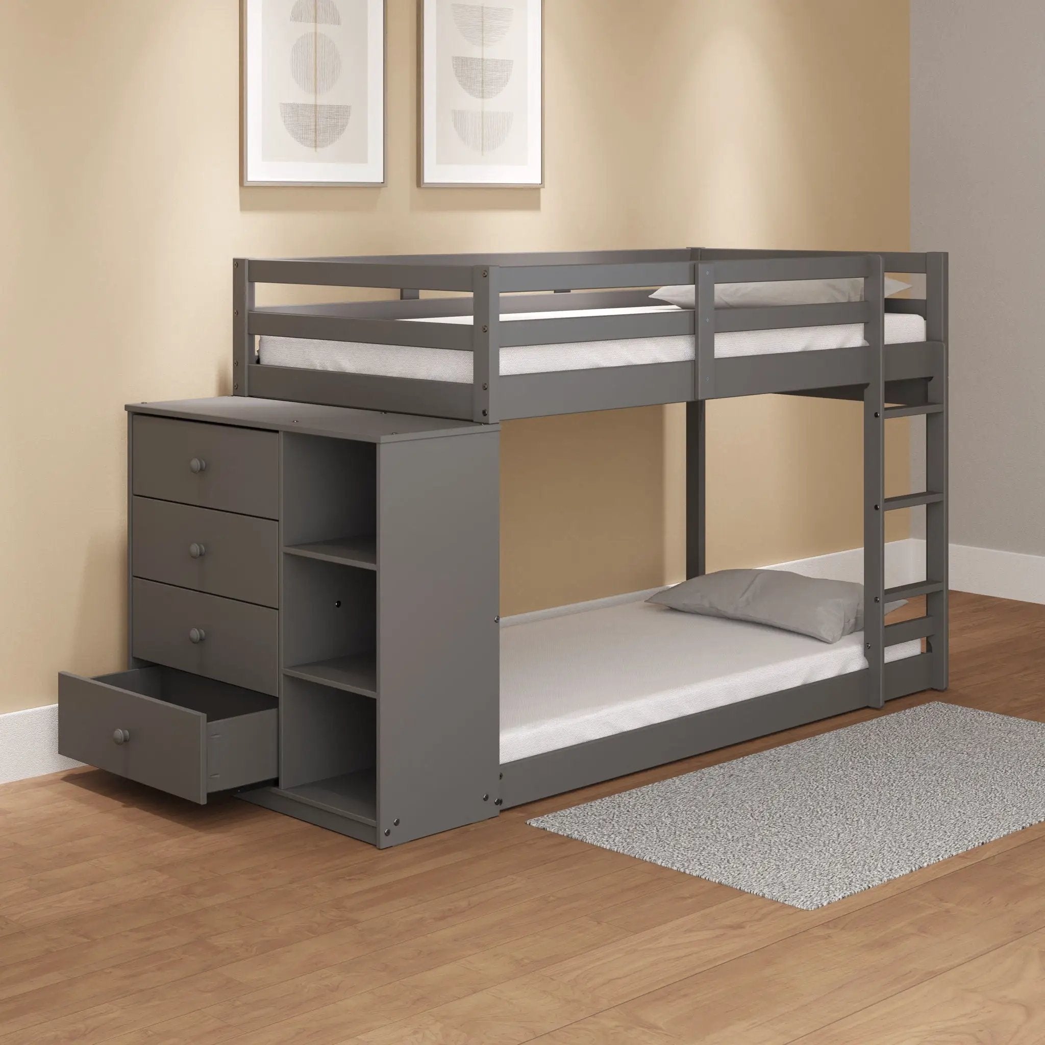 Gaston - Bunk Bed Twin Over Twin With 4 Drawers & 3 Compartments - Gray by HouseOfZazla