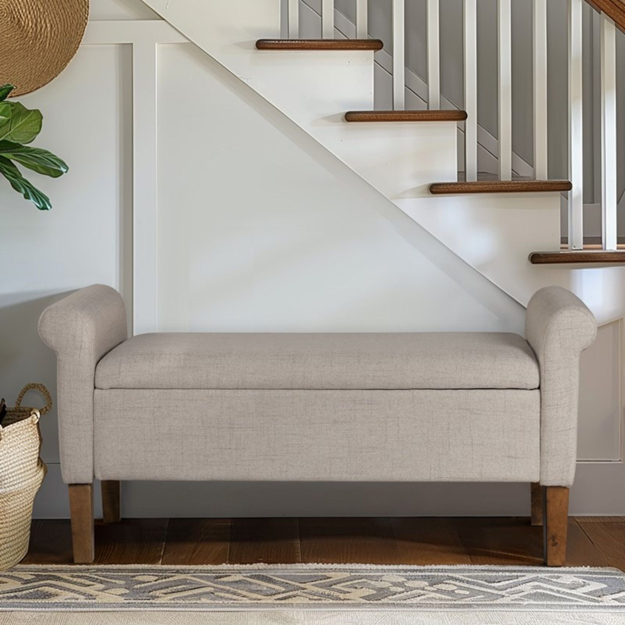 Upholstered Storage Bench With Rolled Armrests - Beige by HouseOfZazla