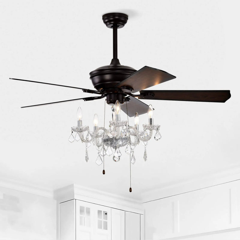52" Crystal Shade Ceiling Fan Lamp, 3 Speed, 4 Timing, 5 Reversible Blades Crystal Ceiling Fan, 5 Pieces X E12 (No Include Bulb), Hand Pull Chain - Matte Black by HouseOfZazla