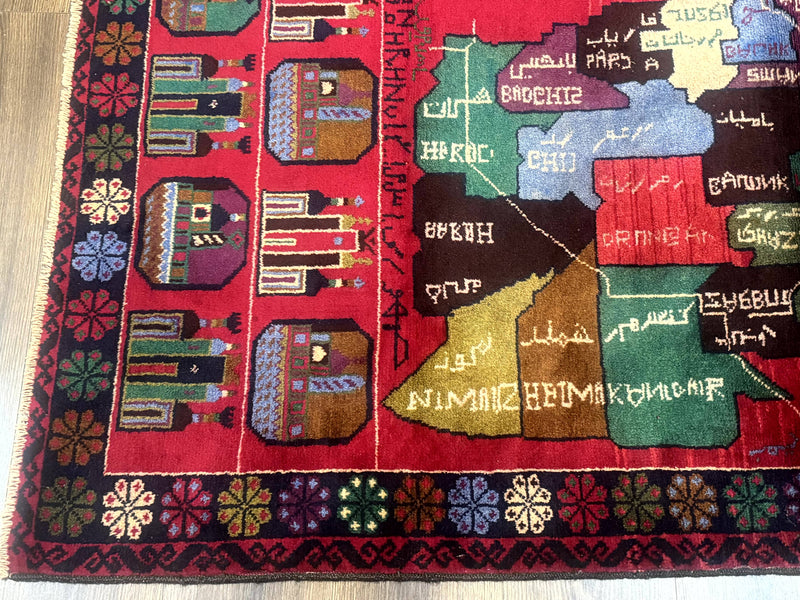 Afghan Rug 3x7, Map of Afghanistan, War Rug, Tribal Rug, Balouch Rug, New, Red by Jewel Rugs