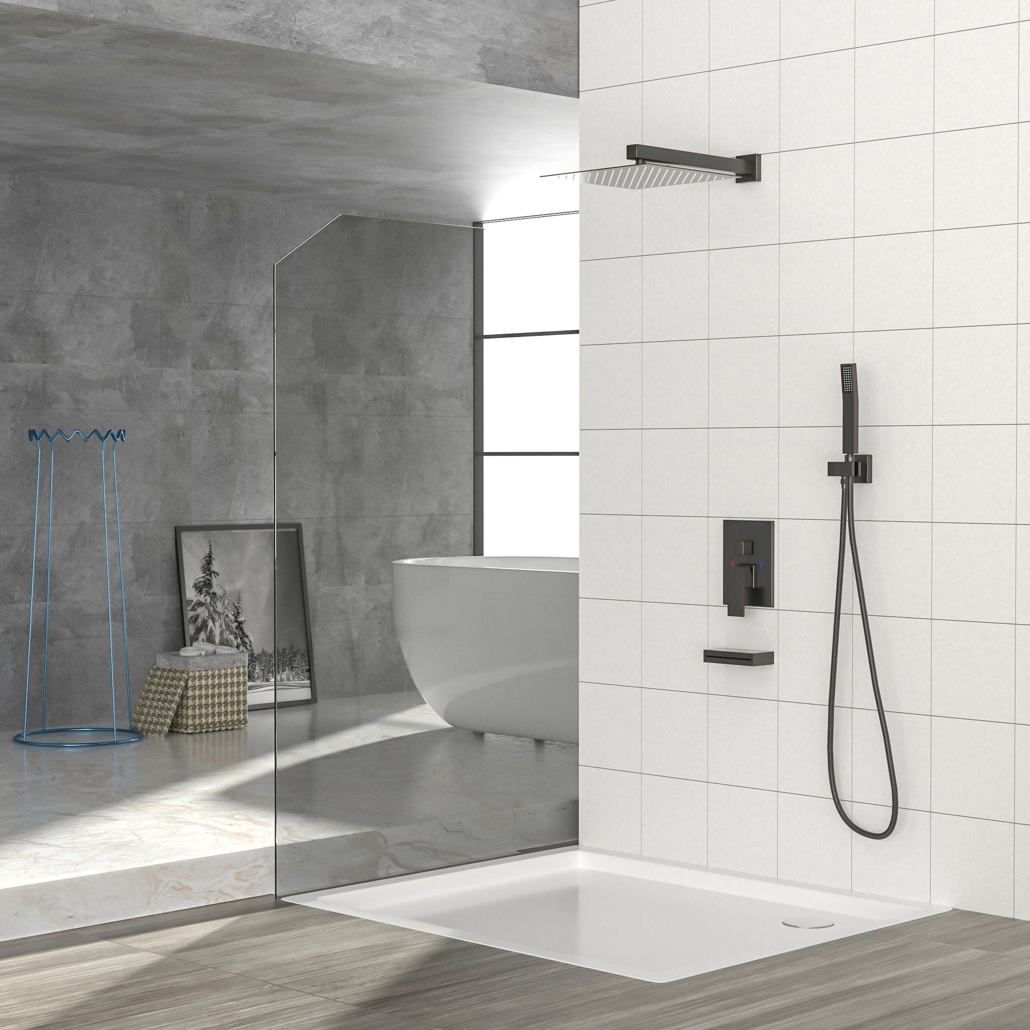 Square Shower System With Waterfall Tub Spout And Rough In Valve, Wall Mounted by HouseOfZazla