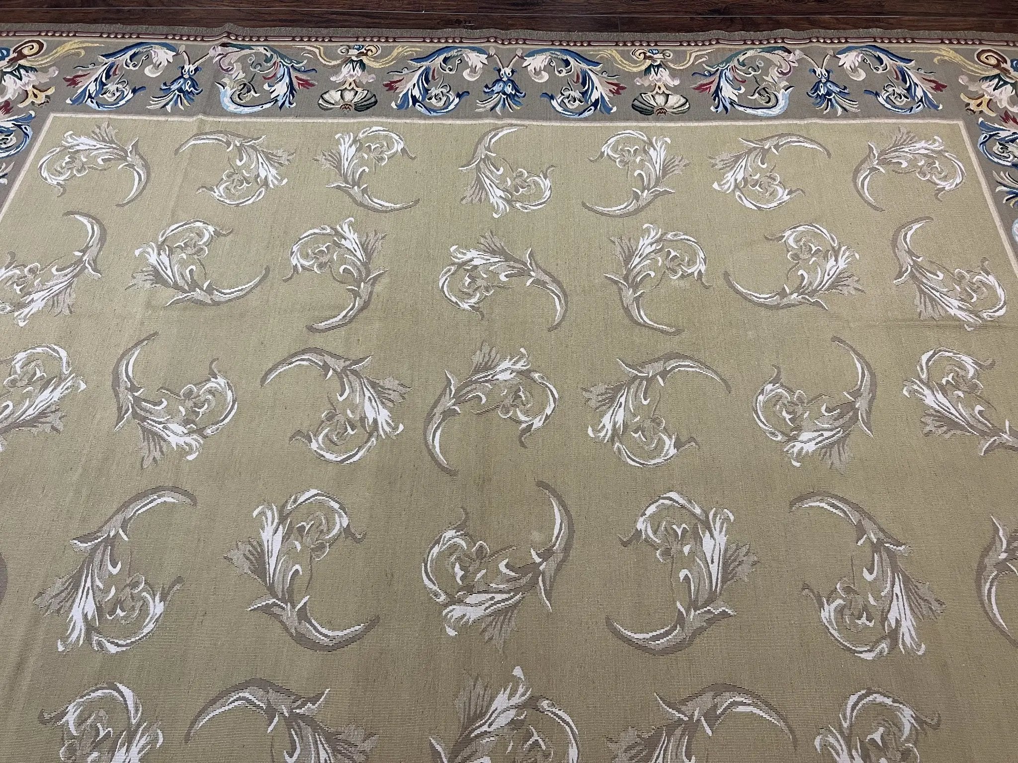 Vintage Aubusson Flatweave Area Rug 9x12, Aubusson Weave, Wool, Beige, Handmade, French European Design, 8'9" x 11'9" by Jewel Rugs