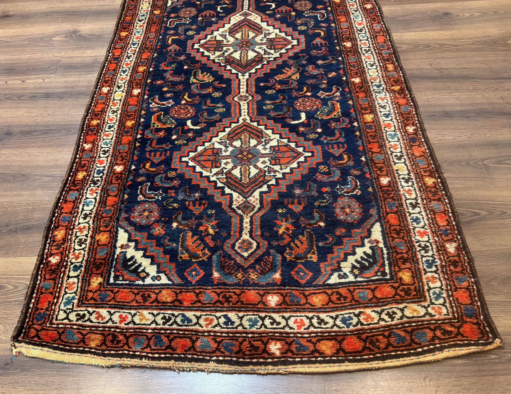Antique Persian Hamadan Rug 4x6, Geometric, Double Medallions, Navy Blue, Tribal Carpet by Jewel Rugs