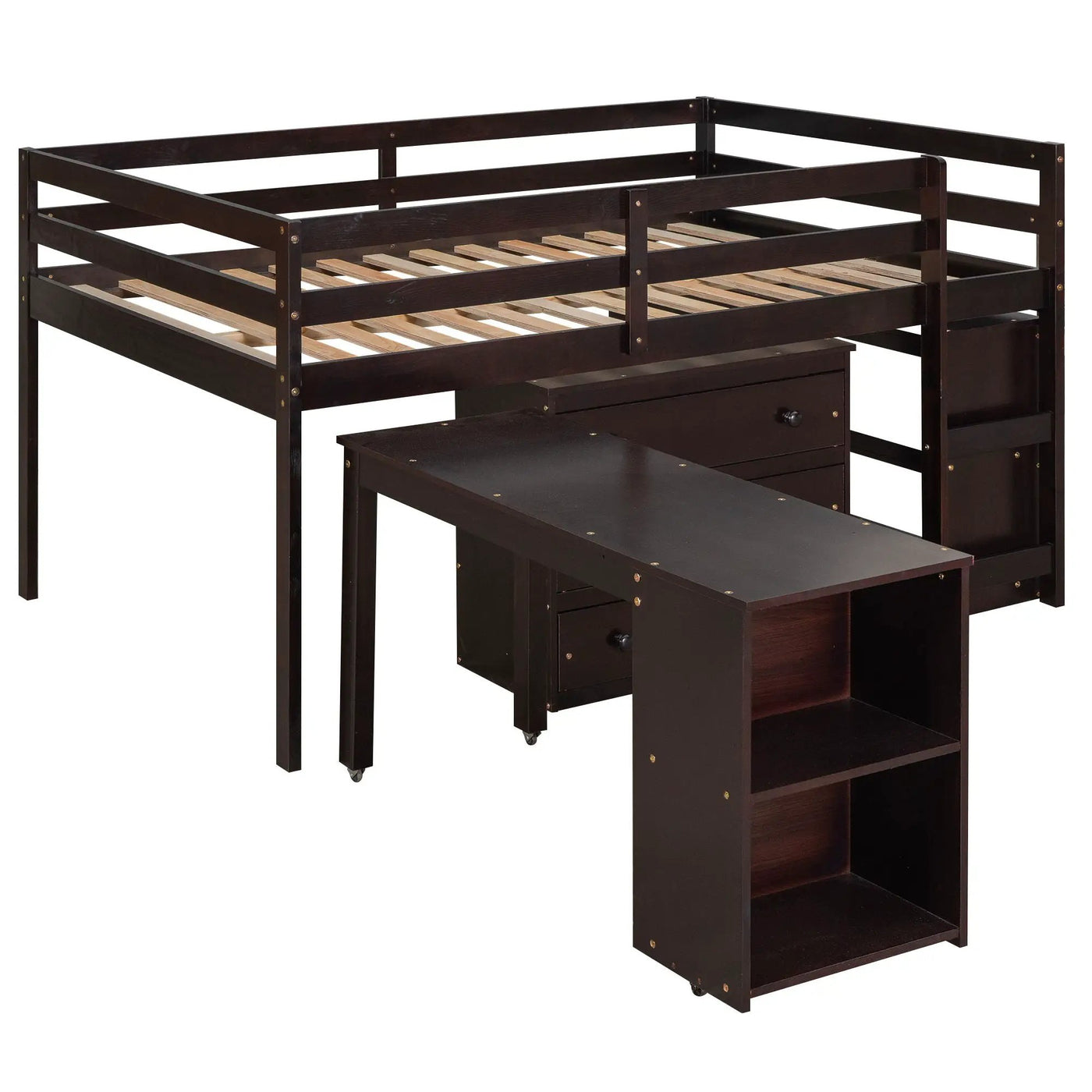 Loft Low Study Bed With Cabinet, Shelves And Rolling Portable Desk, Multiple Functions by Unique Piece Furniture