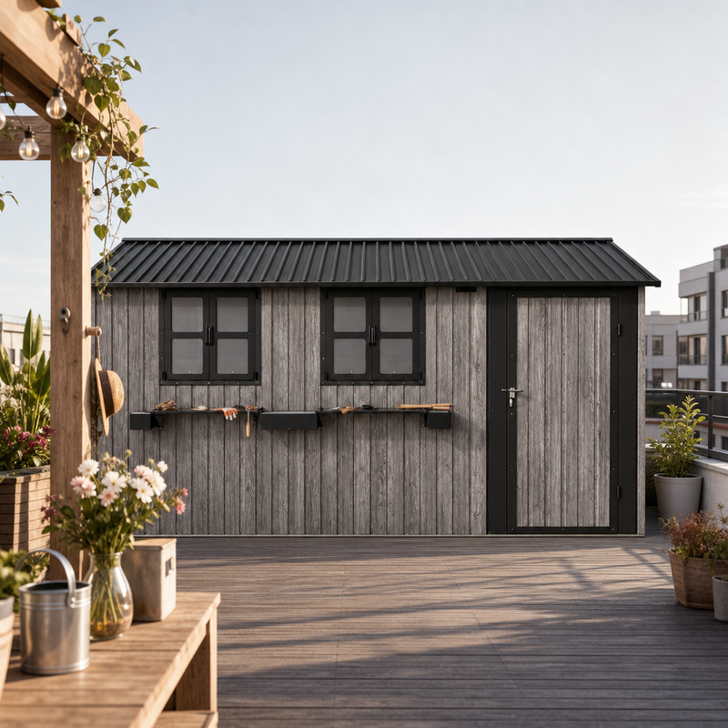 12x10 FT Outdoor Metal Storage Shed with 3 Clear Windows & Decorative Flower Rack, Lockable Single Door Tool Shed, Heavy Duty Waterproof Weatherproof Garden Shed for Backyard Patio Yard,Grey+Black, photo 6 of 9