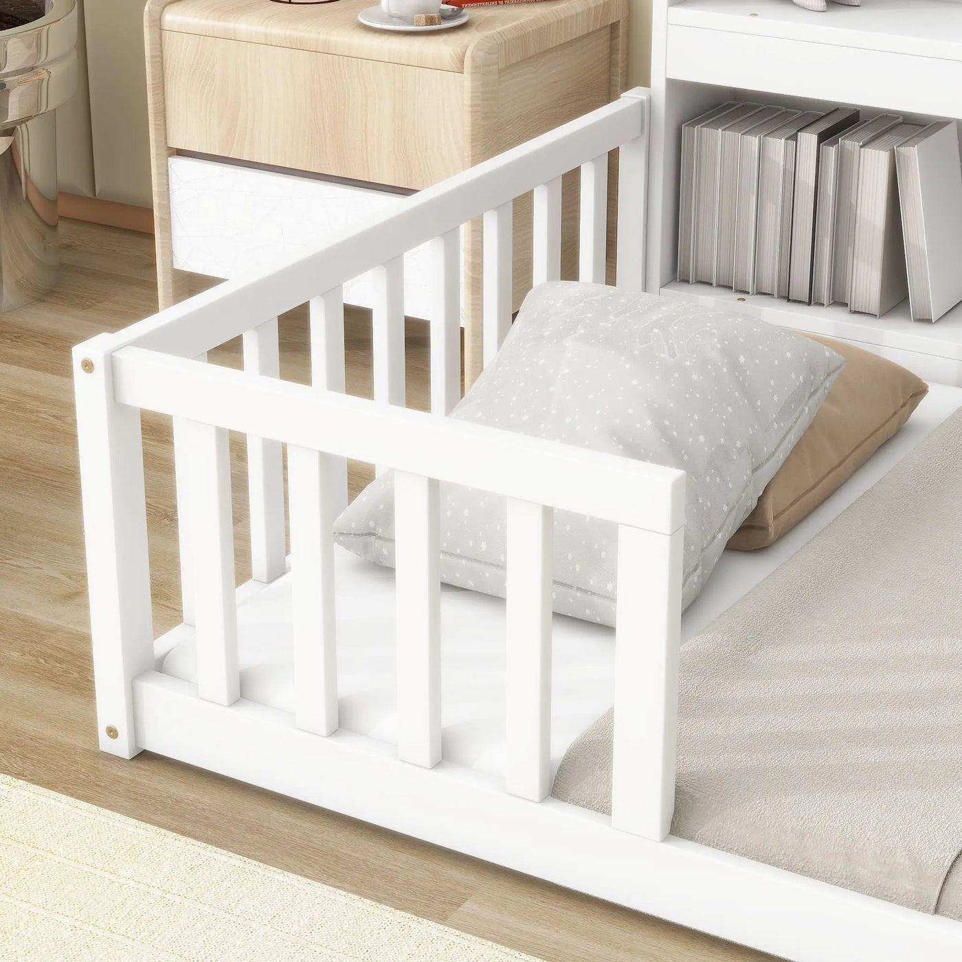 Floor Bed With Bedside Bookcase, Shelves, Guardrails by Unique Piece Furniture