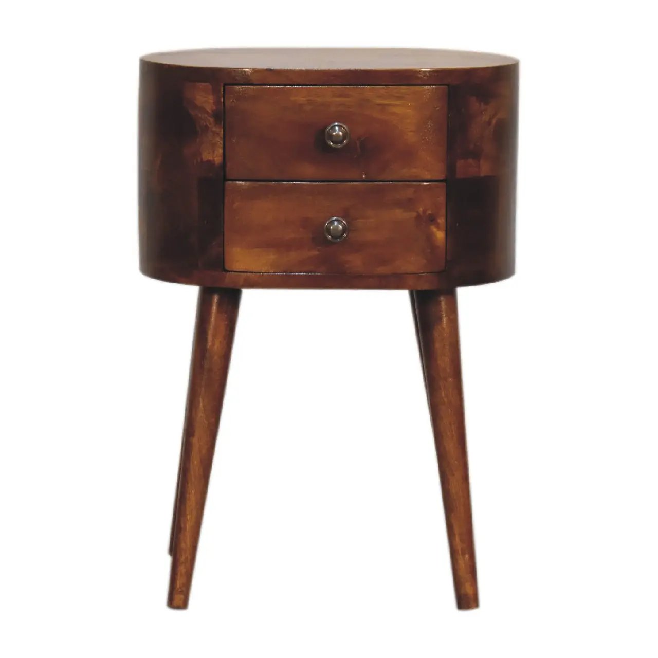 Solid Wood Mini Chestnut Rounded Nightstand, 2-Drawers, Nordic Legs by HouseOfZazla