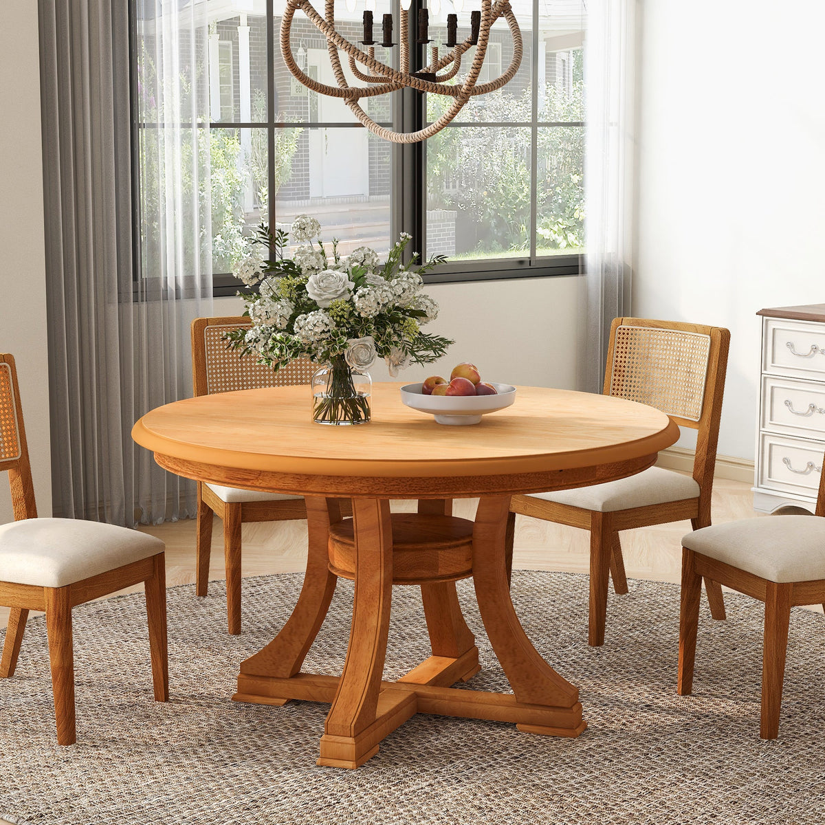 5-Piece Round Extendable Solid Wood Dining Table Set, photo 3 of 10