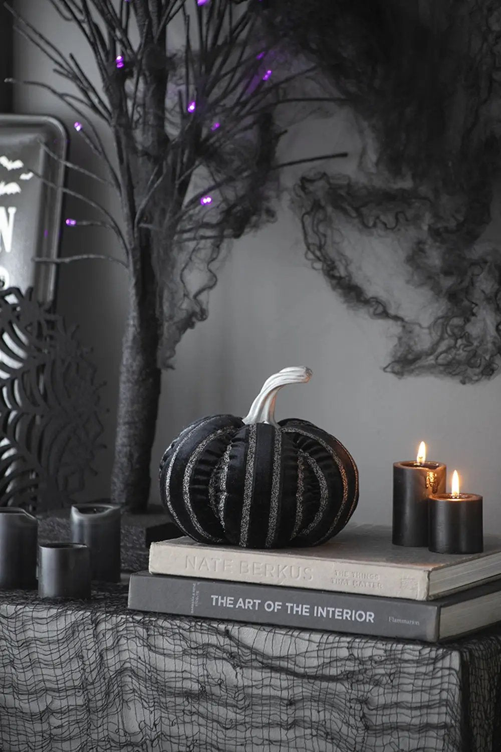Set of 2, 7x7x7" Fabric Black Stripe Pumpkin Decor by HouseOfZazla