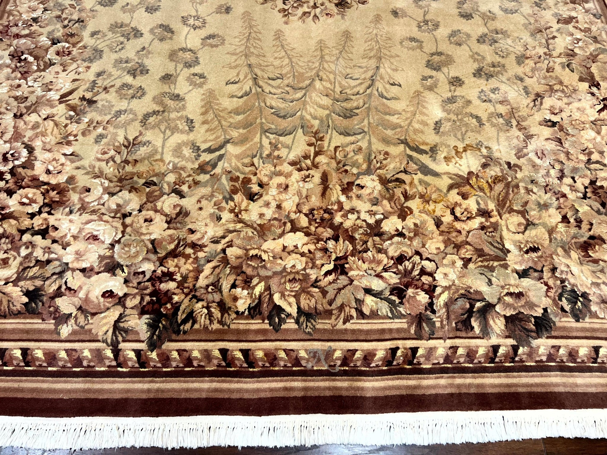 Aubusson Wool Rug 9x11, Wool with Silk Highlights, European Design, Vintage, Handmade, Floral, Fine 210 KPSI by Jewel Rugs