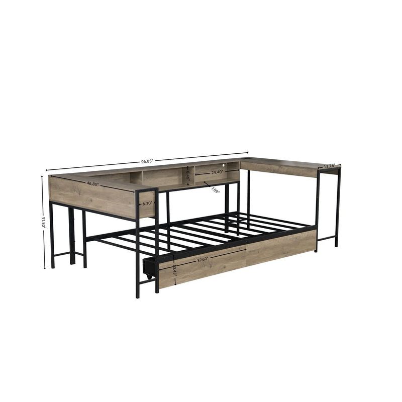 Corner Bed Frame Twin Size With Bookcase And 2 Underbed Storage Drawers, Modern Twin Bed With LED Light And Charging Station, Modern Daybed Reversible Left Or Right - Gray by HouseOfZazla