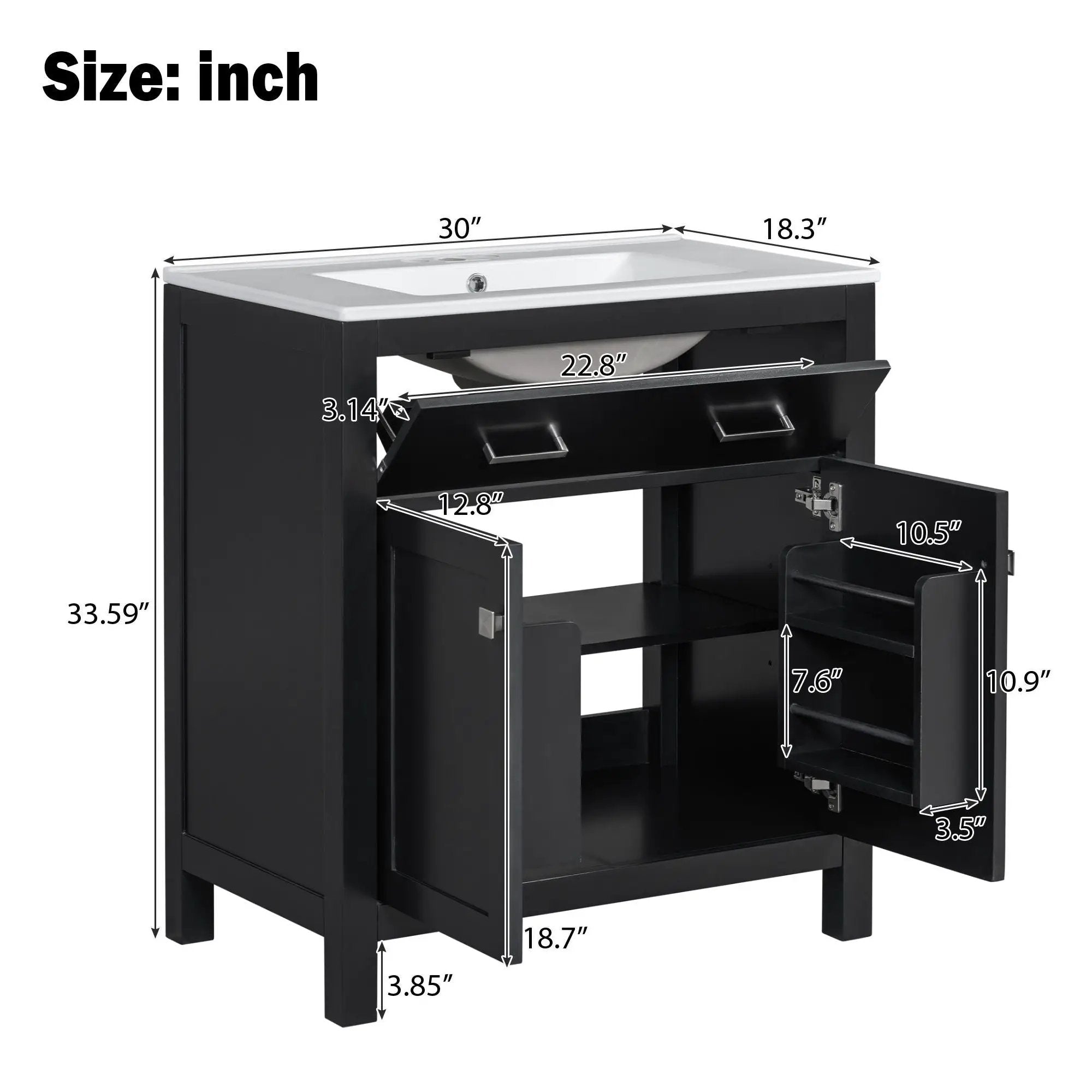 Bathroom Vanity With Ceramic Sink, Modern Single Bathroom Cabinet With 2 Doors And A Shelf, Soft Close Doors by HouseOfZazla