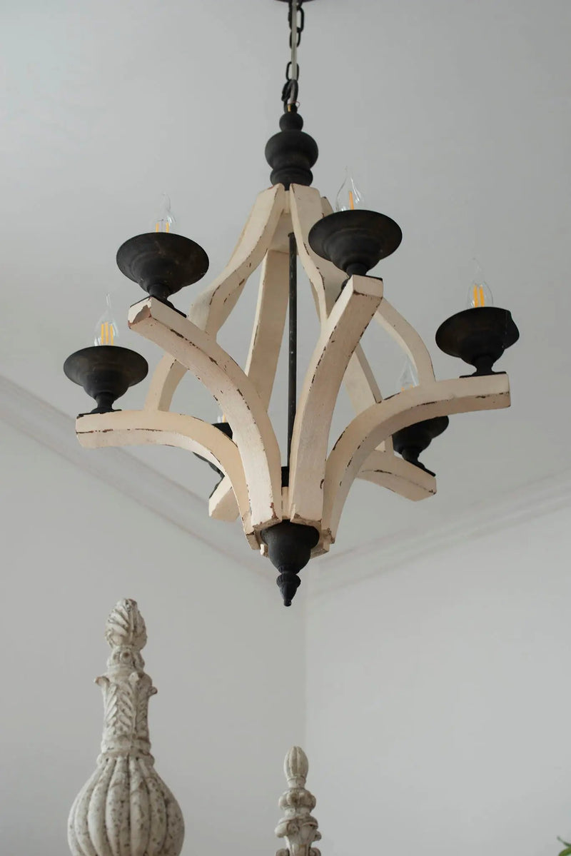 6 Light Wood Chandelier, Hanging Light Fixture With Adjustable Chain For Kitchen, Bulb Not Included - Cream by HouseOfZazla