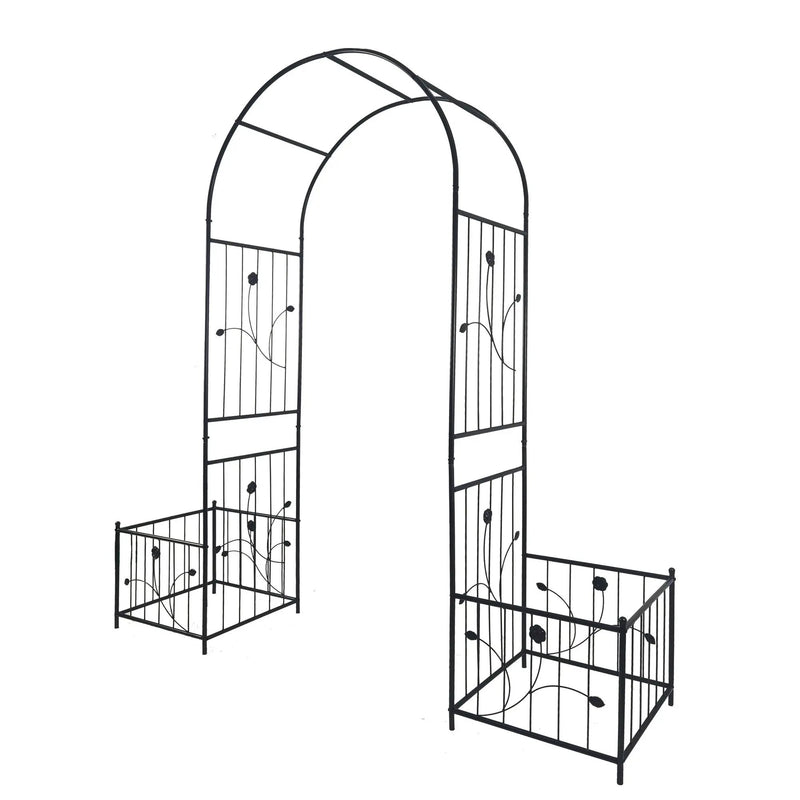 Metal Garden Arch With Two Plant Stands Wide High Climbing Plants Support Rose Arch Outdoor - Black by HouseOfZazla