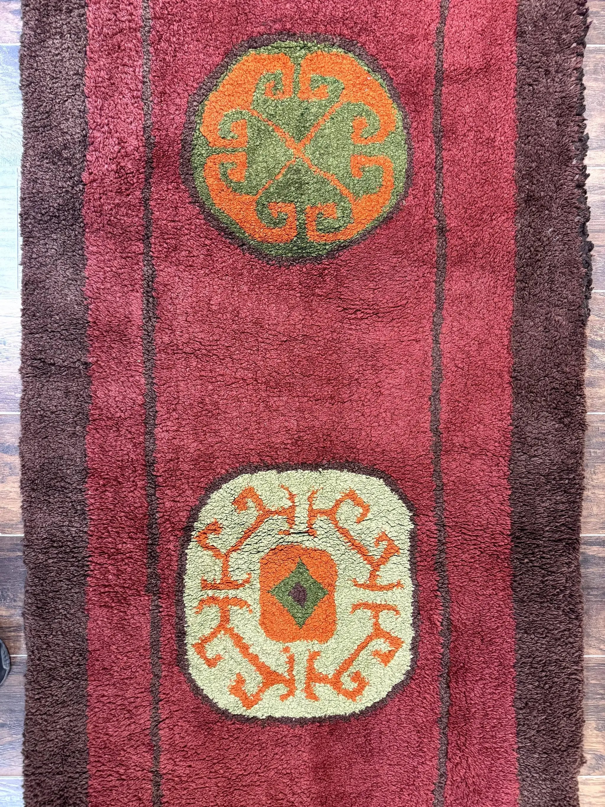 German Hooked Runner Rug 3x8, Vintage, Red, Wool by Jewel Rugs
