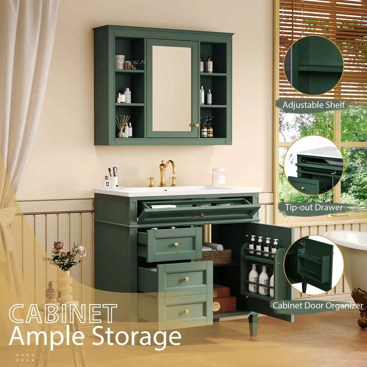 Bathroom Vanity With Mirror Cabinet, Single Sink With 2 Soft Closing Doors And 4 Drawers, photo 12 of 35