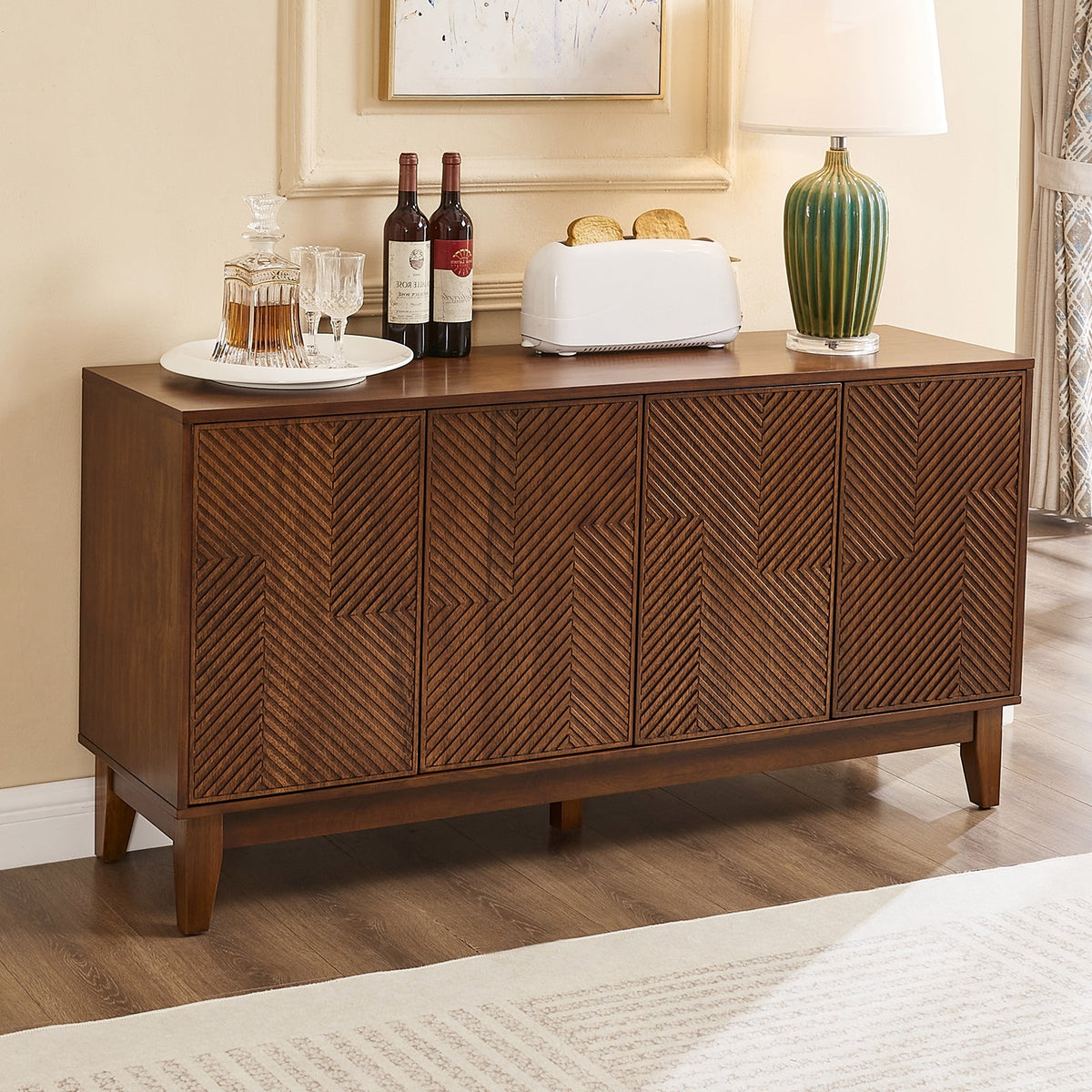 56" Mid Century Modern TV Stand, Wood Storage Cabinet with Carved Geometric Doors, 4 Door Media Console, Sideboard Buffet Cabinet for Living Room, Dining Room, Entryway