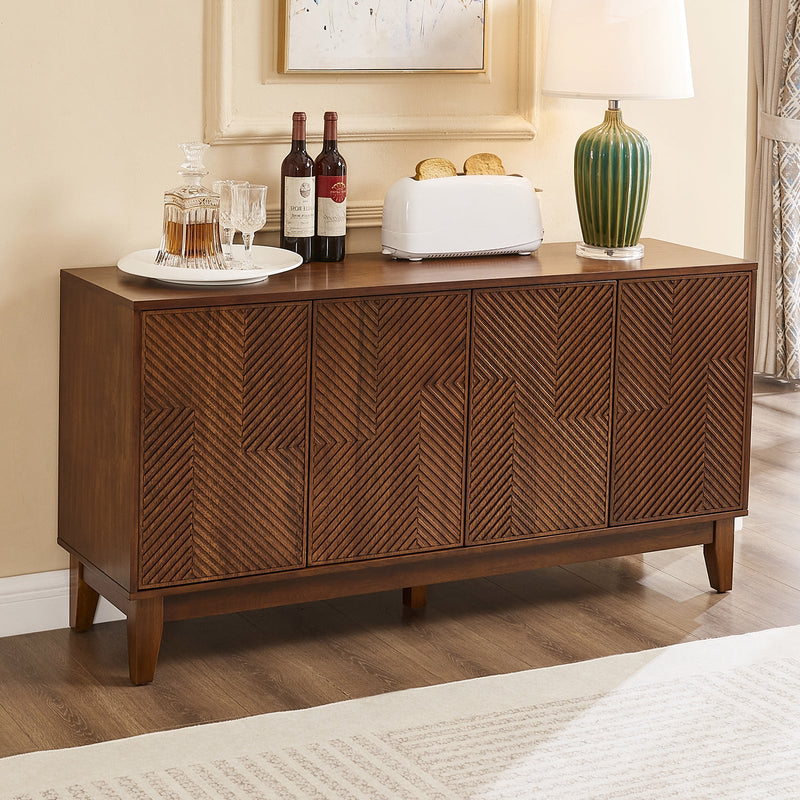 56" Mid Century Modern TV Stand, Wood Storage Cabinet with Carved Geometric Doors, 4 Door Media Console, Sideboard Buffet Cabinet for Living Room, Dining Room, Entryway