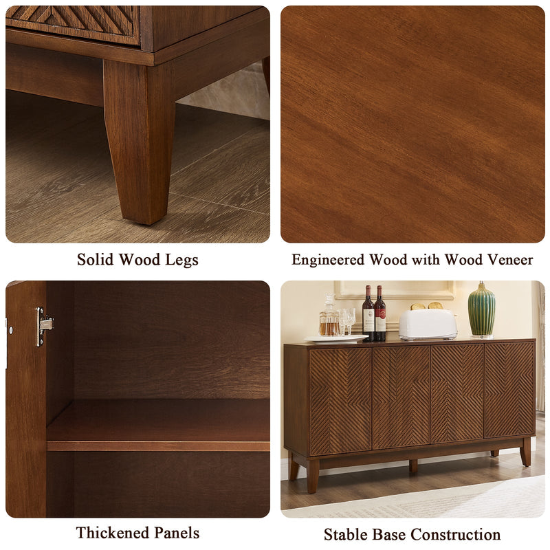 56" Mid Century Modern TV Stand, Wood Storage Cabinet with Carved Geometric Doors, 4 Door Media Console, Sideboard Buffet Cabinet for Living Room, Dining Room, Entryway, photo 10 of 10