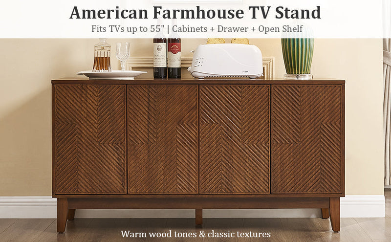 56" Mid Century Modern TV Stand, Wood Storage Cabinet with Carved Geometric Doors, 4 Door Media Console, Sideboard Buffet Cabinet for Living Room, Dining Room, Entryway, photo 4 of 10