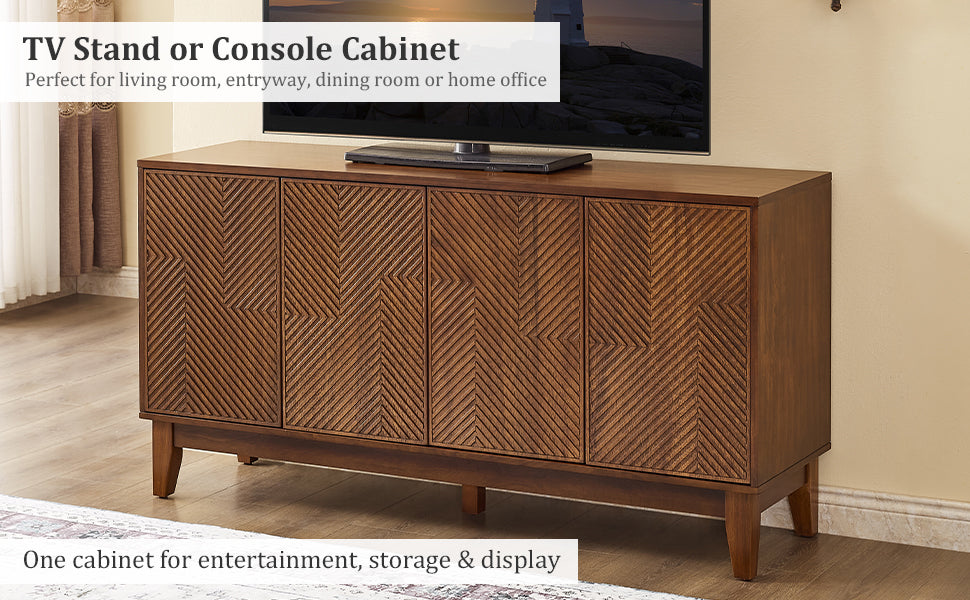 56" Mid Century Modern TV Stand, Wood Storage Cabinet with Carved Geometric Doors, 4 Door Media Console, Sideboard Buffet Cabinet for Living Room, Dining Room, Entryway, photo 6 of 10