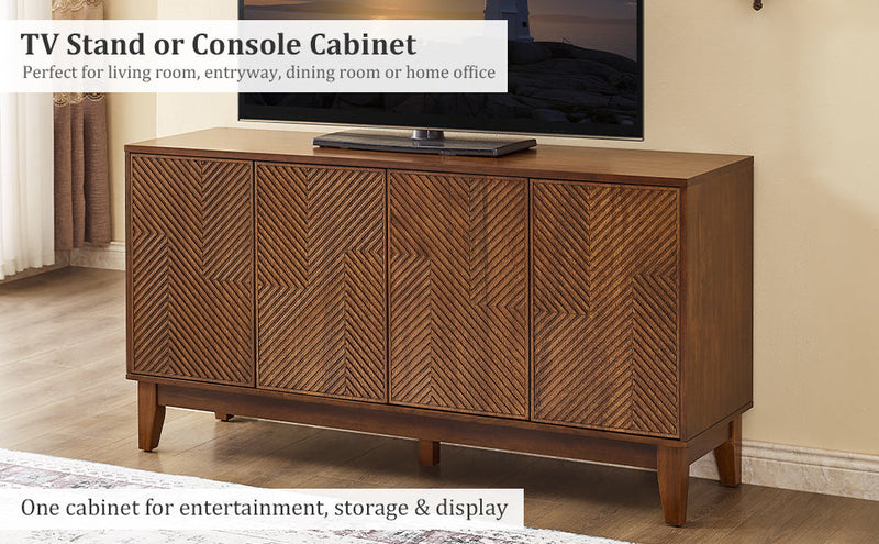 56" Mid Century Modern TV Stand, Wood Storage Cabinet with Carved Geometric Doors, 4 Door Media Console, Sideboard Buffet Cabinet for Living Room, Dining Room, Entryway, photo 6 of 10