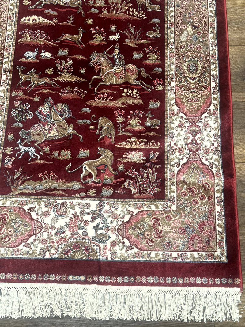 Turkish Silk Rug 3x5, Hunting Design, Dark Red & Ivory, Bamboo Silk, New by Jewel Rugs