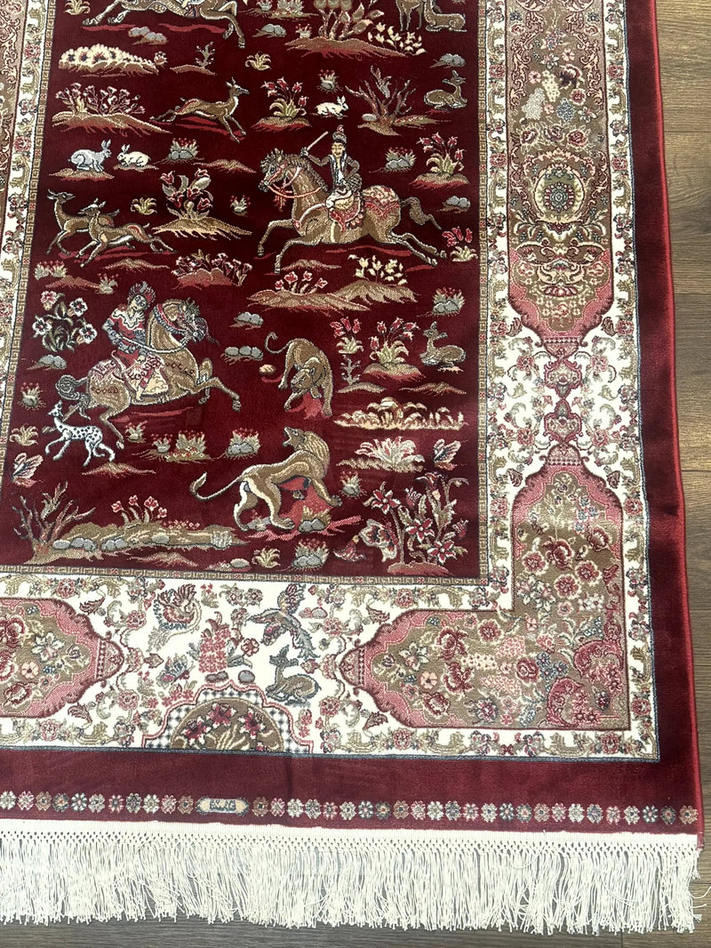 Turkish Silk Rug 3x5, Hunting Design, Dark Red & Ivory, Bamboo Silk, New by Jewel Rugs