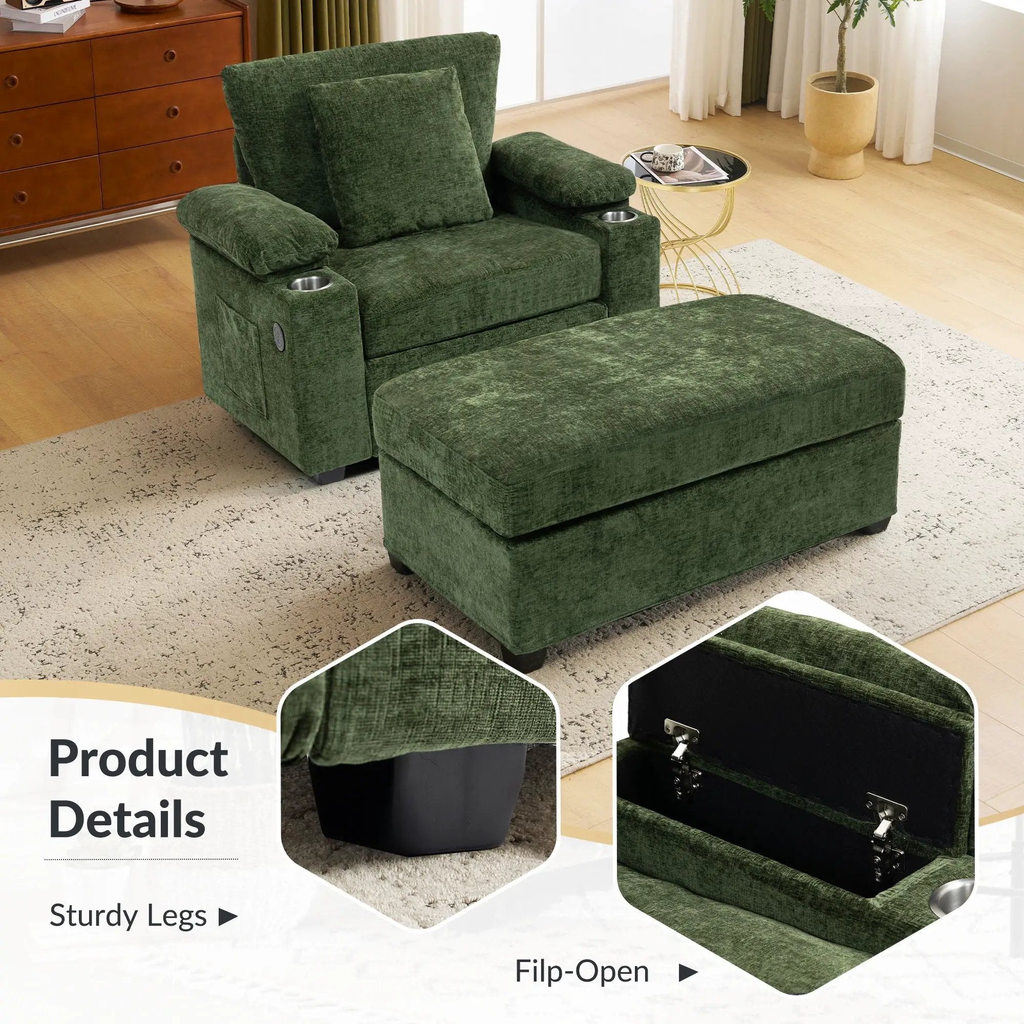 Modern Oversized Chair With Ottoman, Cupholders And USB Charging Ports by Unique Piece Furniture