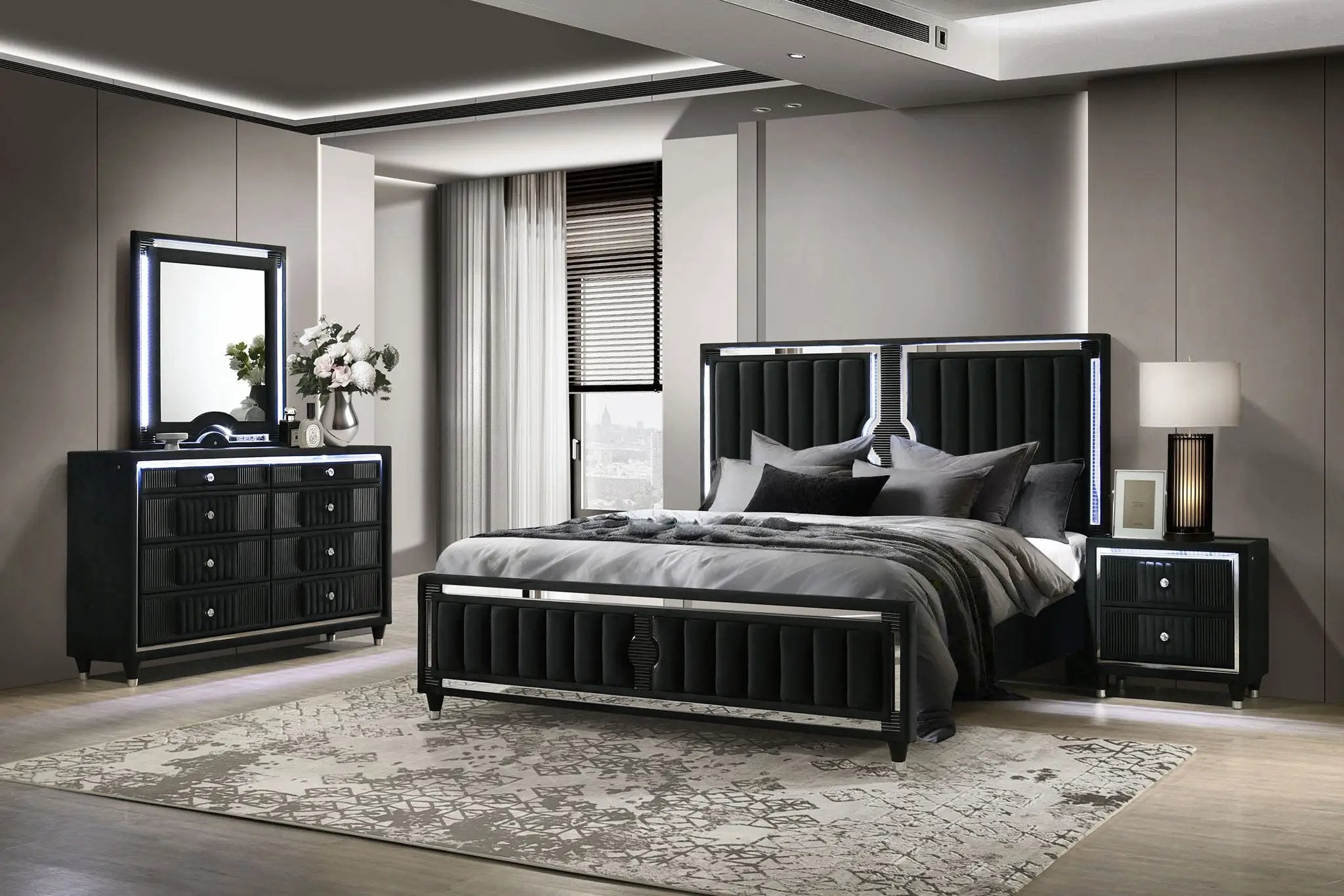 Ravenne 4-piece Velvet Upholstered Eastern King LED Bedroom Set Black by Unique Piece Furniture