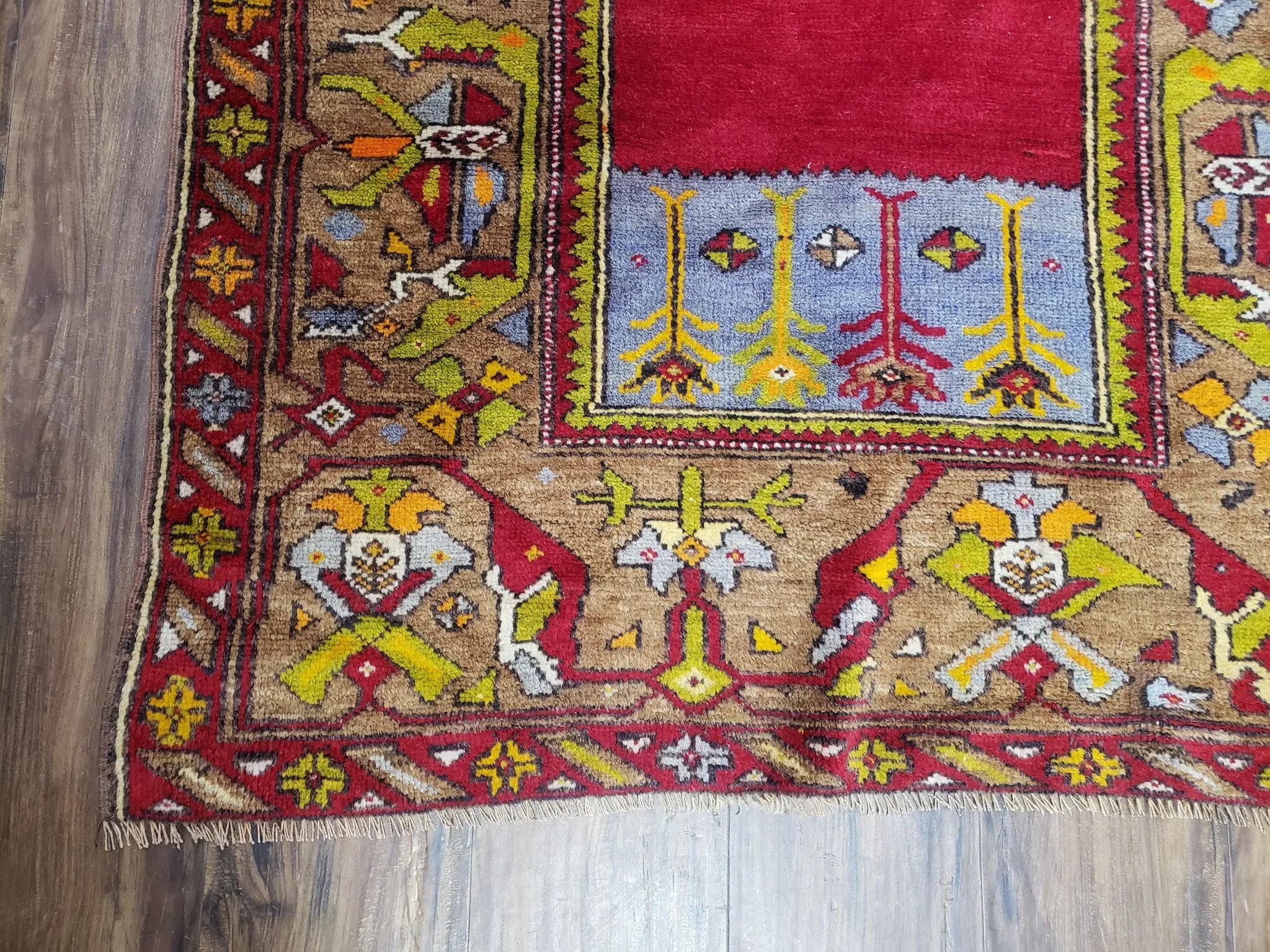 Antique Turkish Prayer Rug 3.8 x 5ft, Colorful Prayer Rug, Red Blue Gold Multicolor Turkish Anatolian Carpet, Handmade Hand-Knotted, Wool by Jewel Rugs