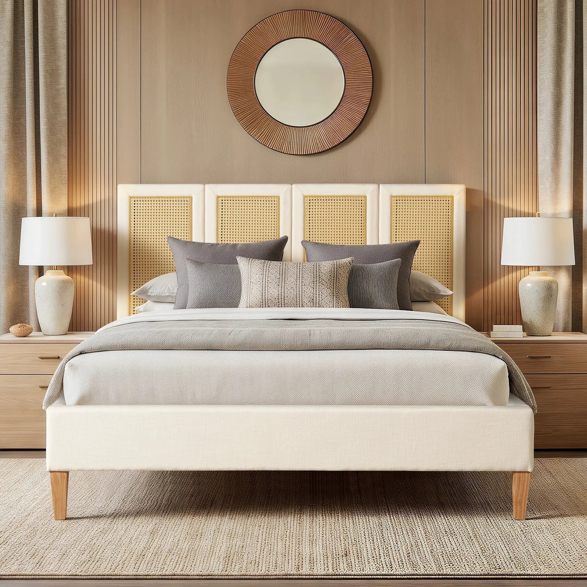 Toscana Queen Upholstered Cane Back Platform Bed by HouseOfZazla