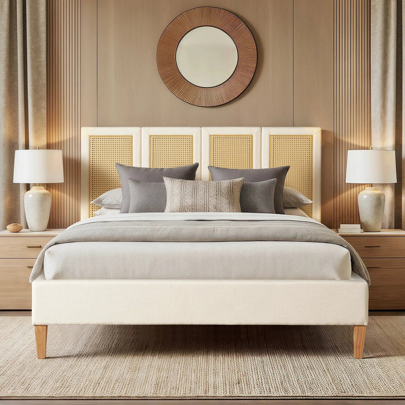 Toscana Queen Upholstered Cane Back Platform Bed by HouseOfZazla