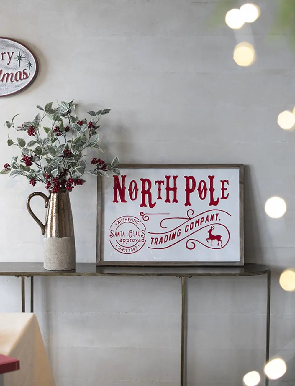 Iron / Wood North Pole Trading Company Wall Sign, For Christmas Holiday Table Wall Decor - White / Red by HouseOfZazla
