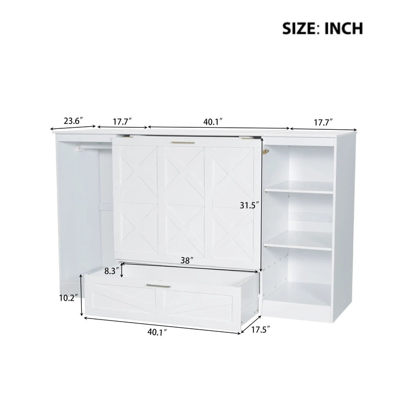 Twin Size Murphy Bed With Bedside Shelves And Wardrobe - White
