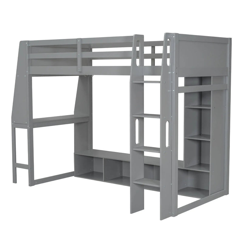 Gaming Loft Bed With Desk, Multi Storage Shelves, LED Lighting, And Hanging Clothes Rack by HouseOfZazla