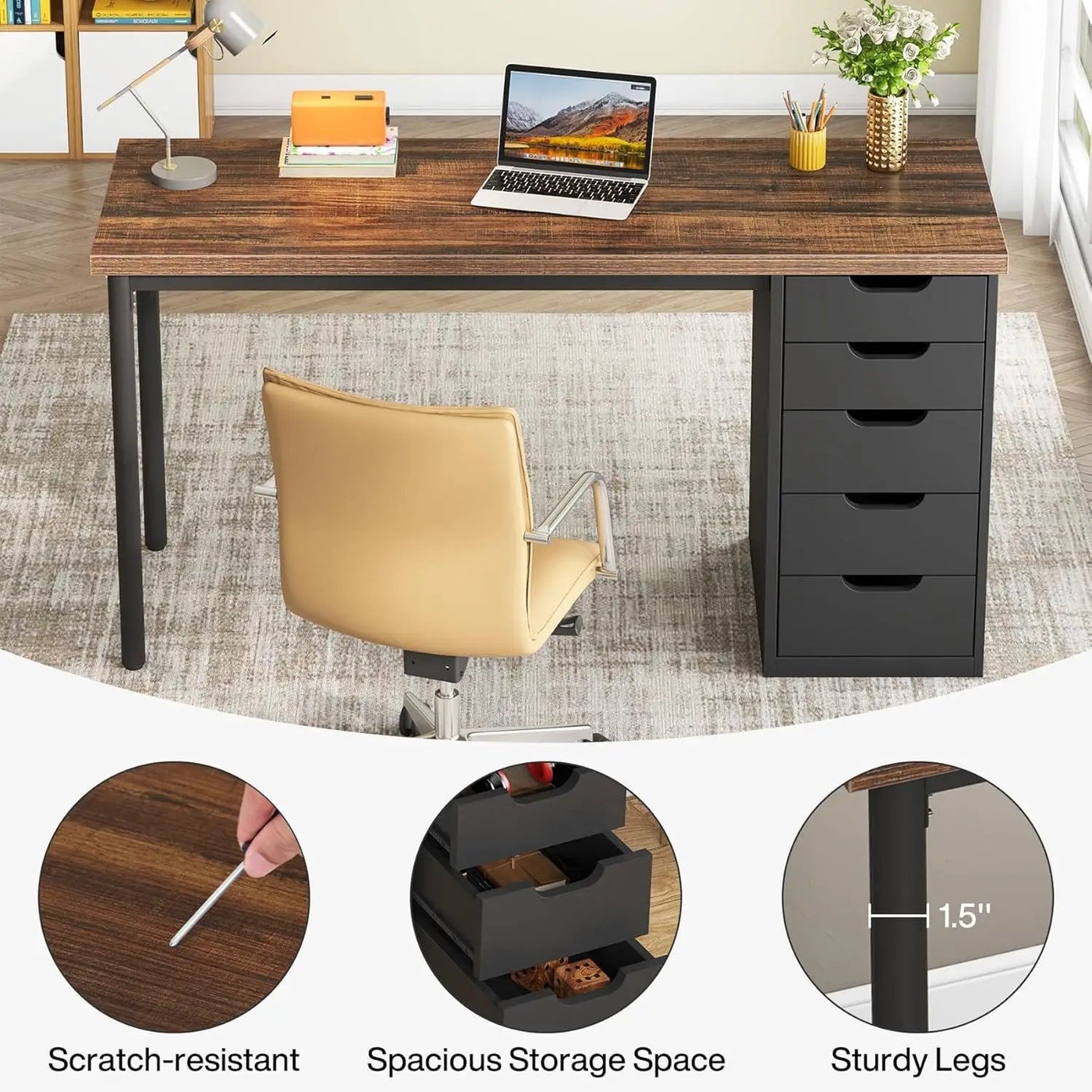 Computer Desk With 5 Drawers, Reversible Cabinet Design by HouseOfZazla