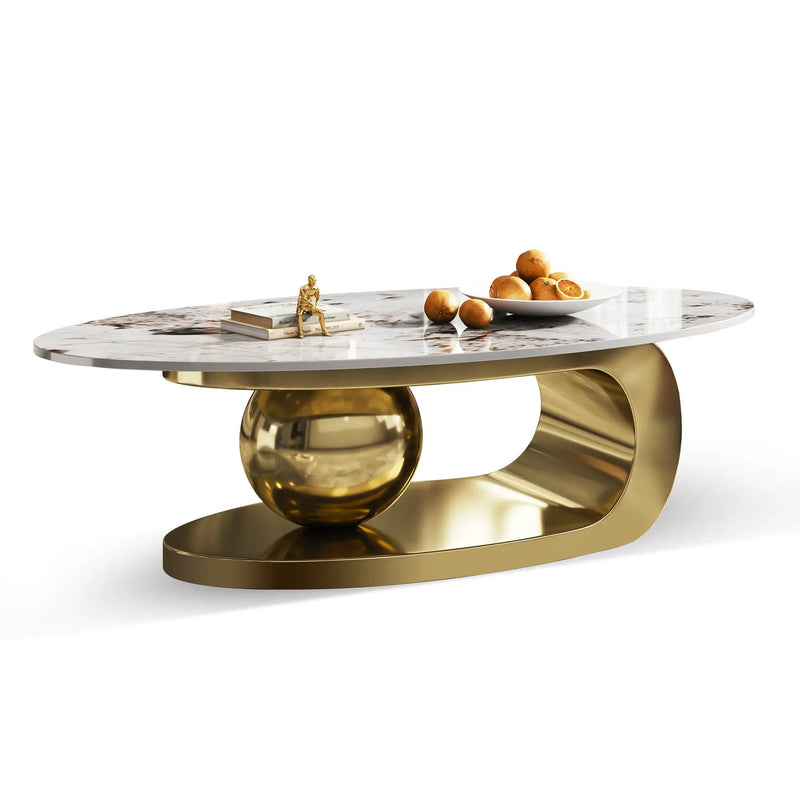 49.2 Inches Oval Faux Marble Coffee Table for Living Room with Stainless Steel Base by HouseOfZazla