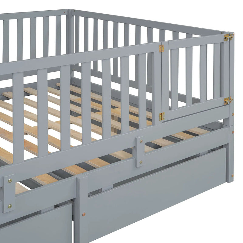 Daybed With Fence Guardrails And 2 Drawers, Split Into Independent Floor Bed & Daybed by HouseOfZazla