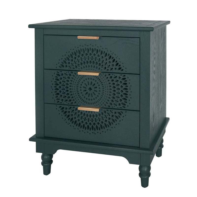 Hollow Carved 3 Drawer Dresser With Metal Handles, Storage Chest For Living Room Or Bedroom - Blackish Green by Unique Piece Furniture