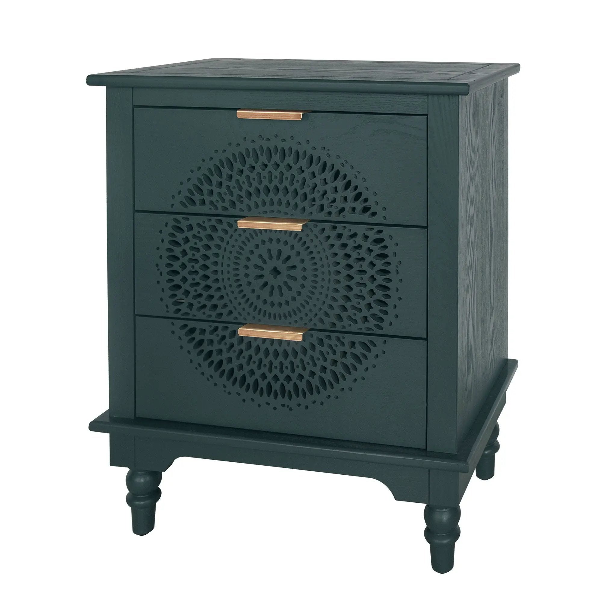 Hollow Carved 3 Drawer Dresser With Metal Handles, Storage Chest For Living Room Or Bedroom - Blackish Green by HouseOfZazla