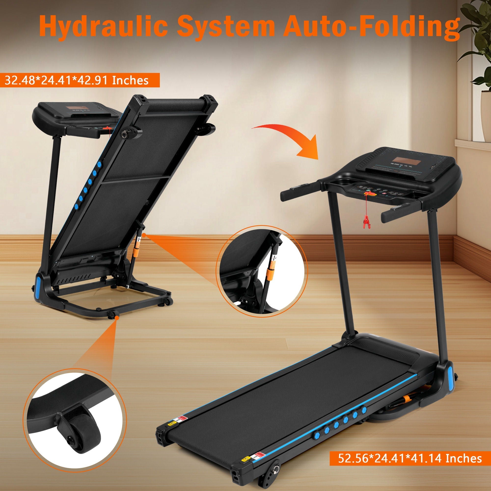 Incline Treadmill For Running & Walking, Hydraulic System Auto Folding With Type C & USB Charge For Android, 10Mph, Bluetooth Speaker - Black by HouseOfZazla