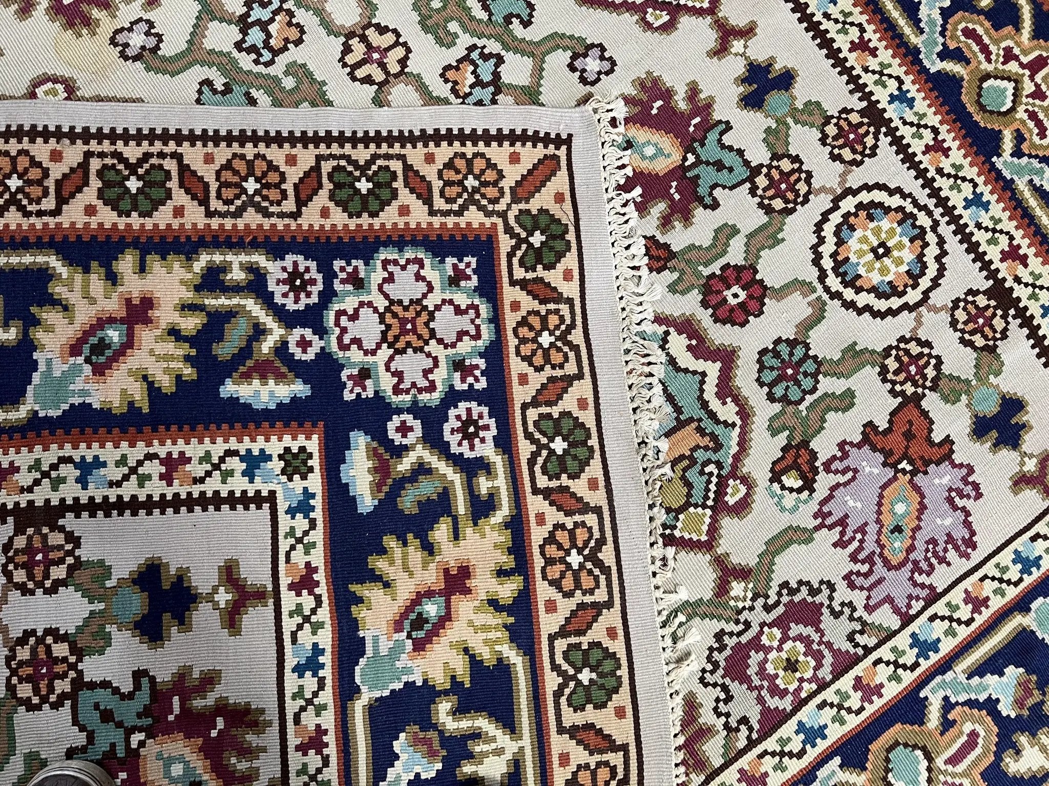Antique Turkish Kilim Rug 7x10 Allover Pattern, Ivory Cream Maroon Light Blue, Wool Flatweave Hand Woven, Large Kilim, Vintage Kilim Carpet by Jewel Rugs