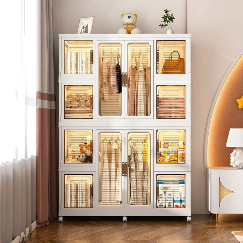 Portable Wardrobe Closet Storage Organizer For Clothes With Magnetic Doors, 12 Cubes & 2 Hanging Rods - White by HouseOfZazla